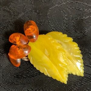 Vintage Amber Brooch/Pin with Orange Pistols and Carved Yellow Leaves